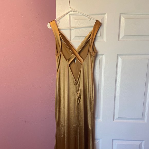 Lulu's Gold Satin Mermaid Maxi Dress - Picture 4 of 5